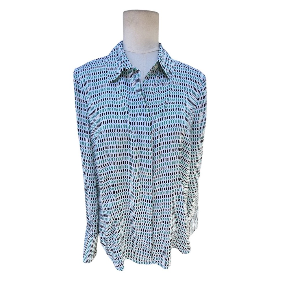 Ann Taylor Womens Green Black Geometric Print Button Down Blouse Size 10